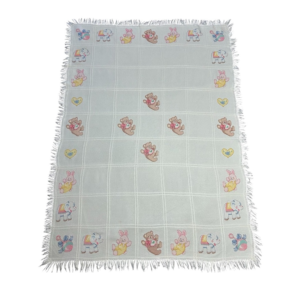 Vtg. Hand Made Ivory Pastel Color Baby Animals Cross Stitch Fringed Baby Blanket